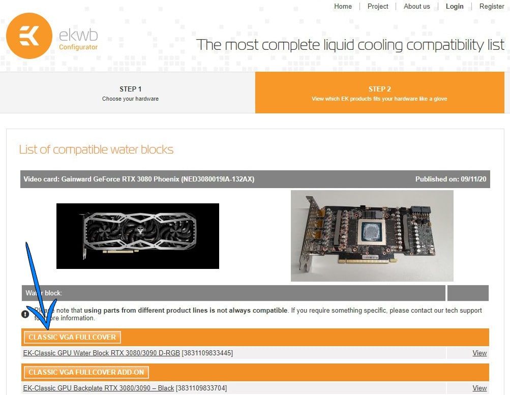 EK Cooling Configurator search results