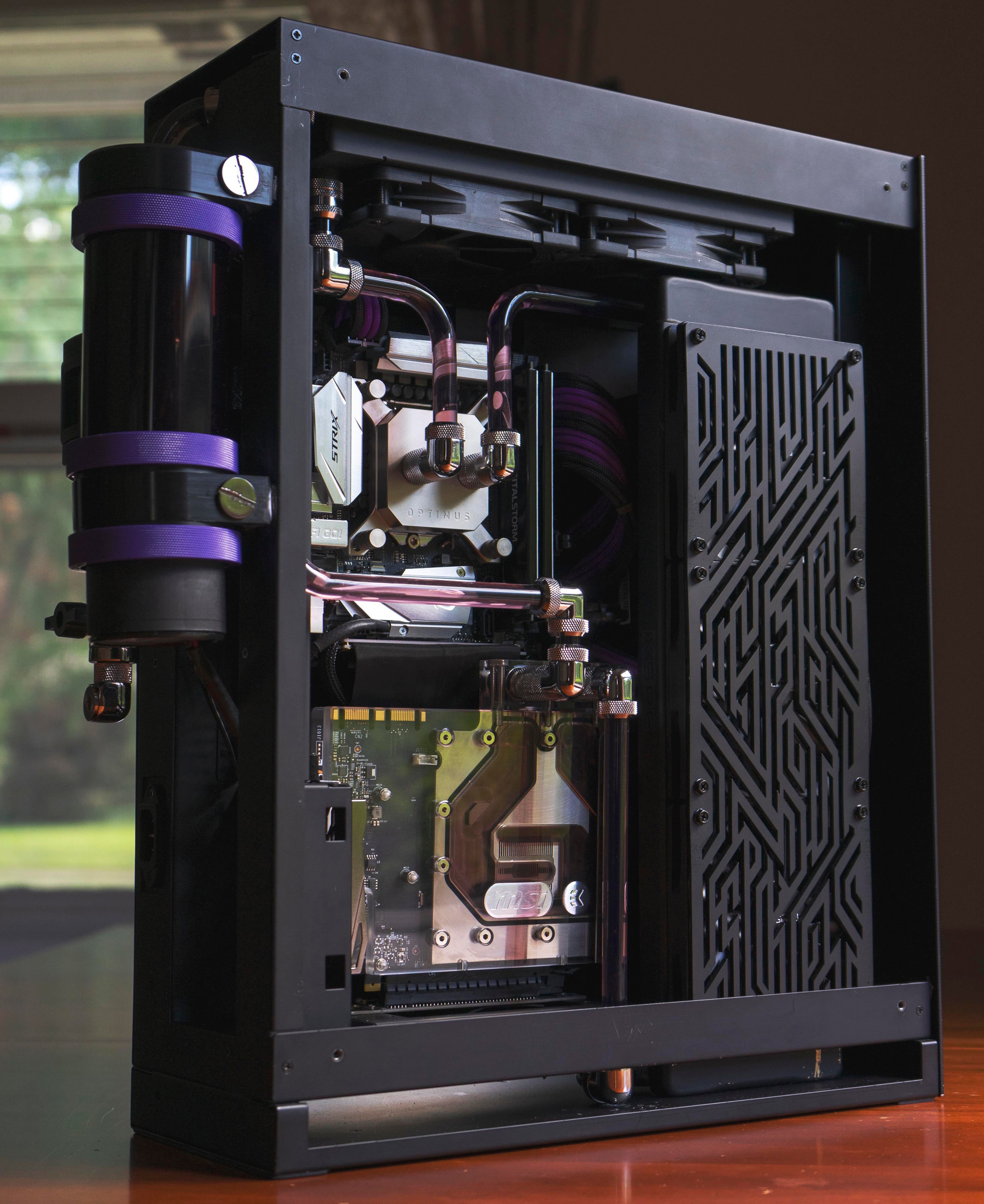 Custom water-cooled PC with tube reservoir mounted externally