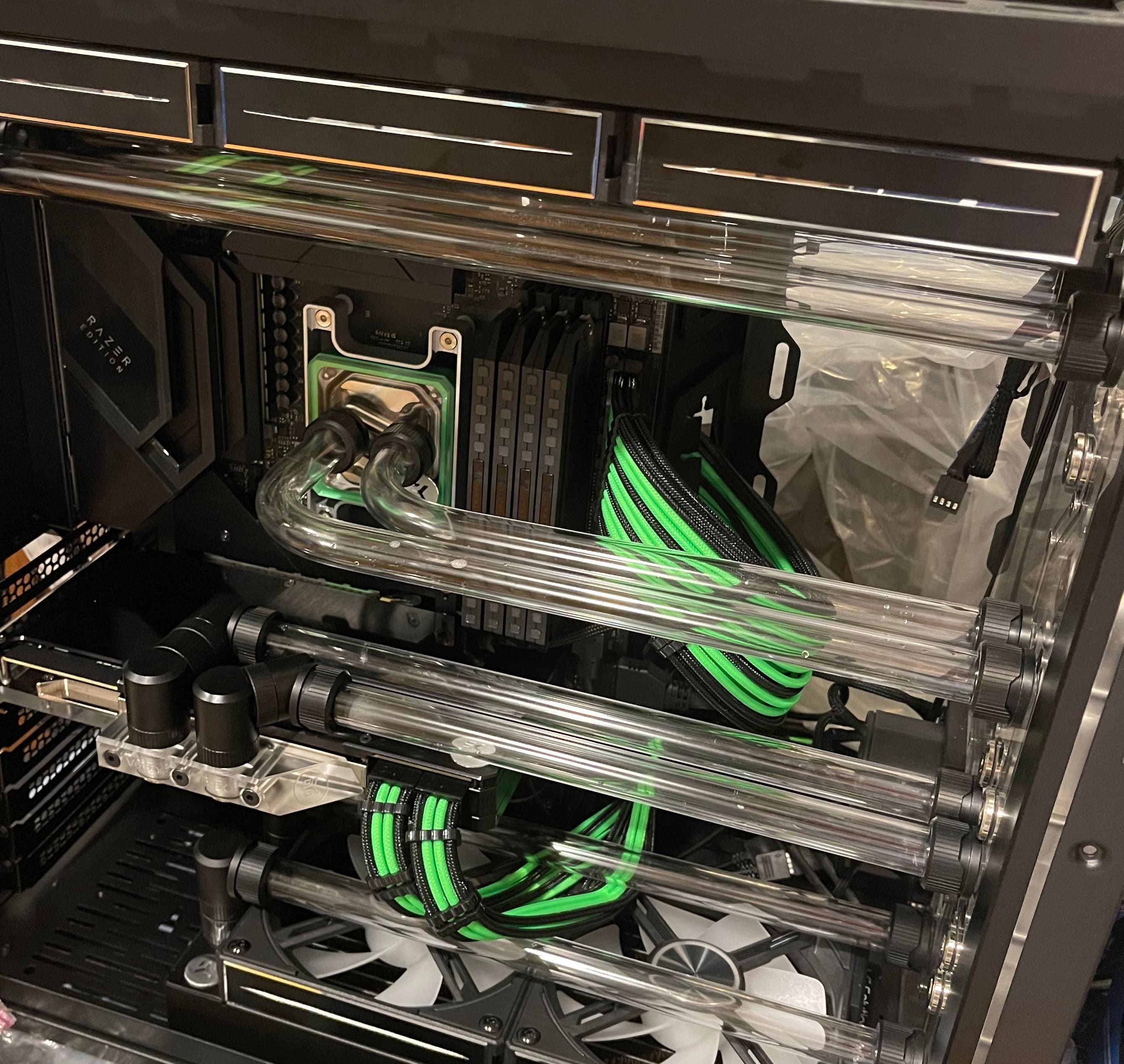 A custom PC water cooling loop awaiting its coolant